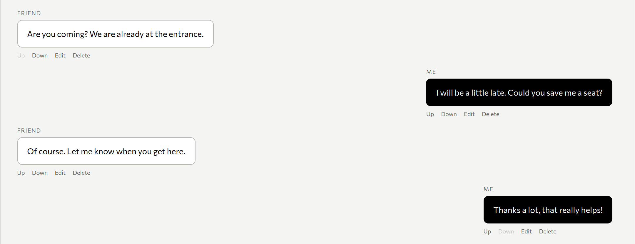 ORCNEIT Contributors dialogue editor with a fictional conversation between friends